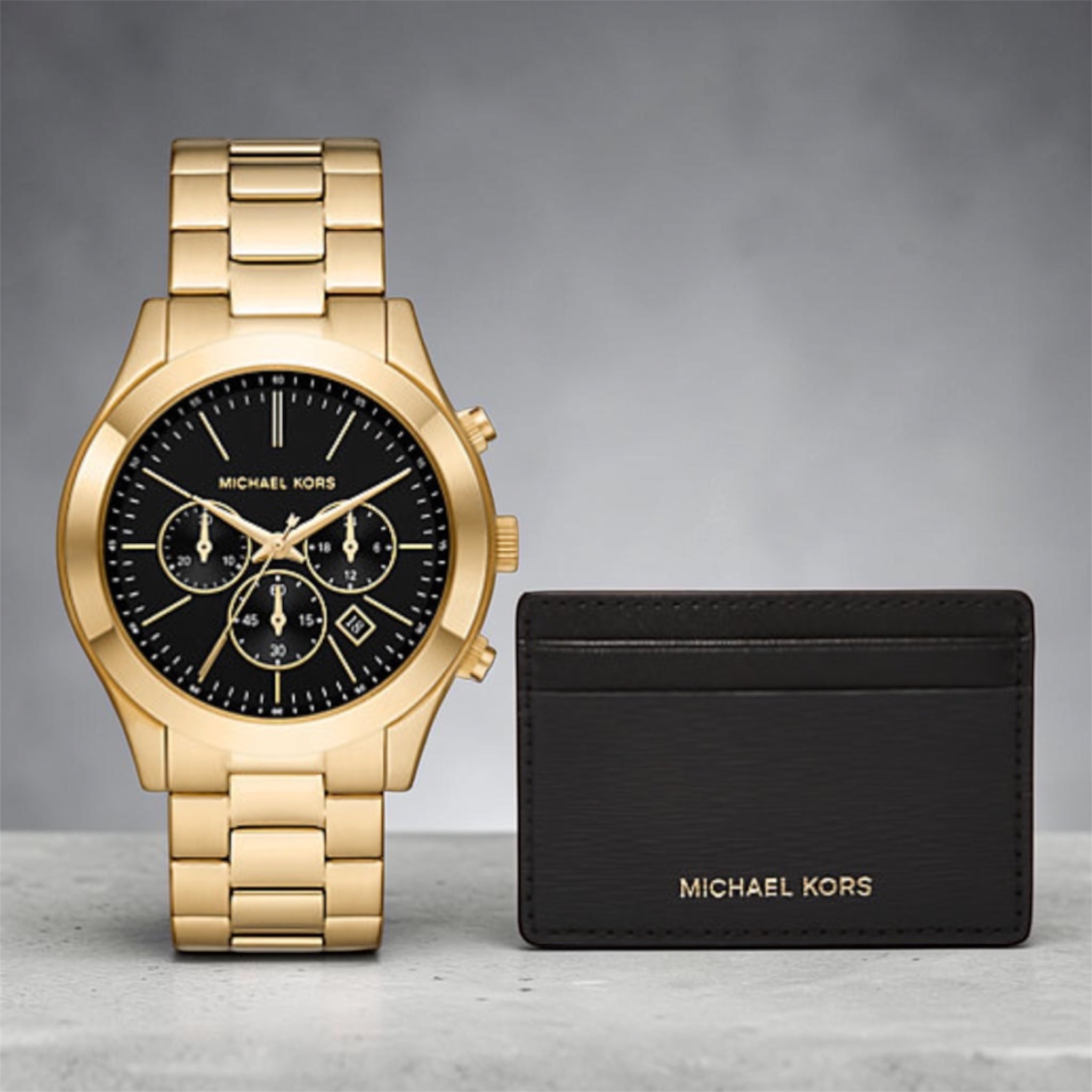 Set schlanke Runway-Uhr – Schwarz/Gold – Michael Kors